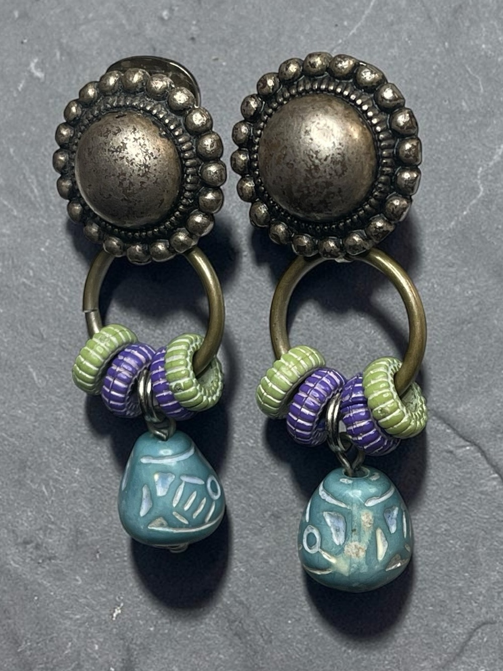 Boho Oxidized Clip On Dangle Earrings Carved Blue Beads